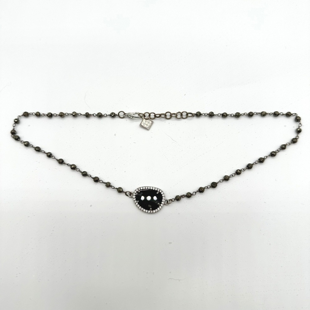 Free People Beaded Halo Pendant Necklace Black Faceted Stone Pyrite Chain Silver - Picture 2 of 5